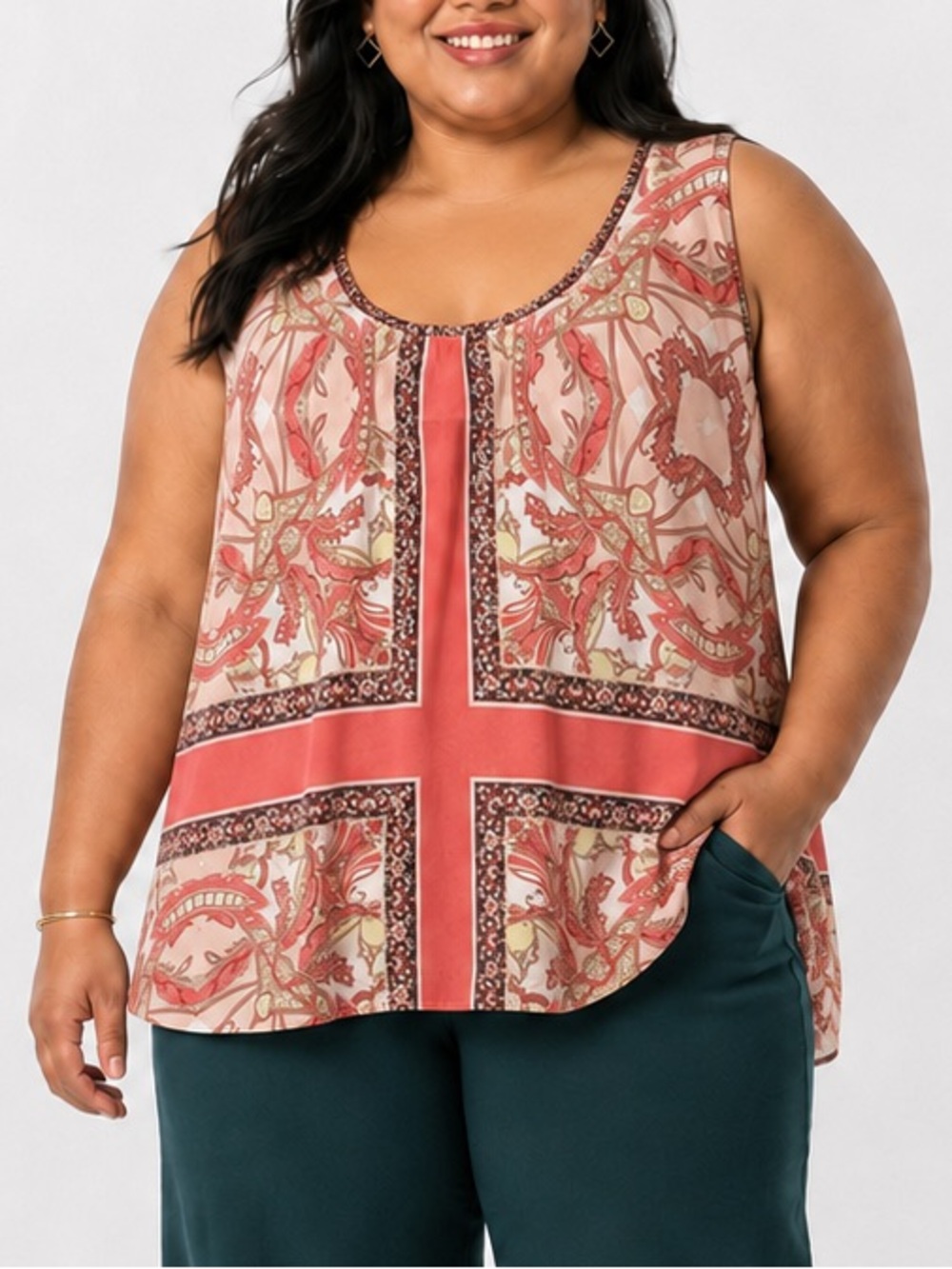 Skye’s the Limit 2X Sleeveless Scarf Print Blouse | Coral Paisley
